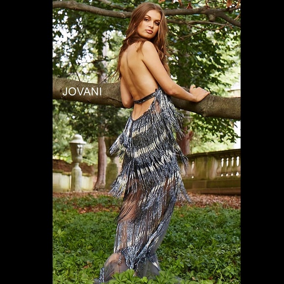 JOVANI 59642 BEADED FRINGE DEEP V-NECK DRESS